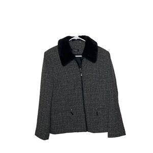 Vintage Tribal Tweed Black Grey Gray  Jacket Skirt Lined Faux Fur Collar Sz 10